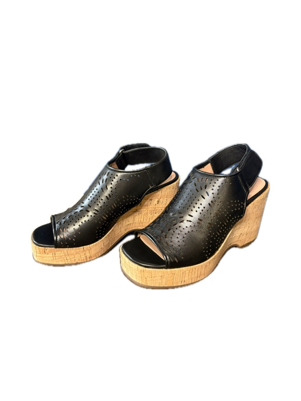 Paolo Black Perforated Leather Cork Wedge Sandals